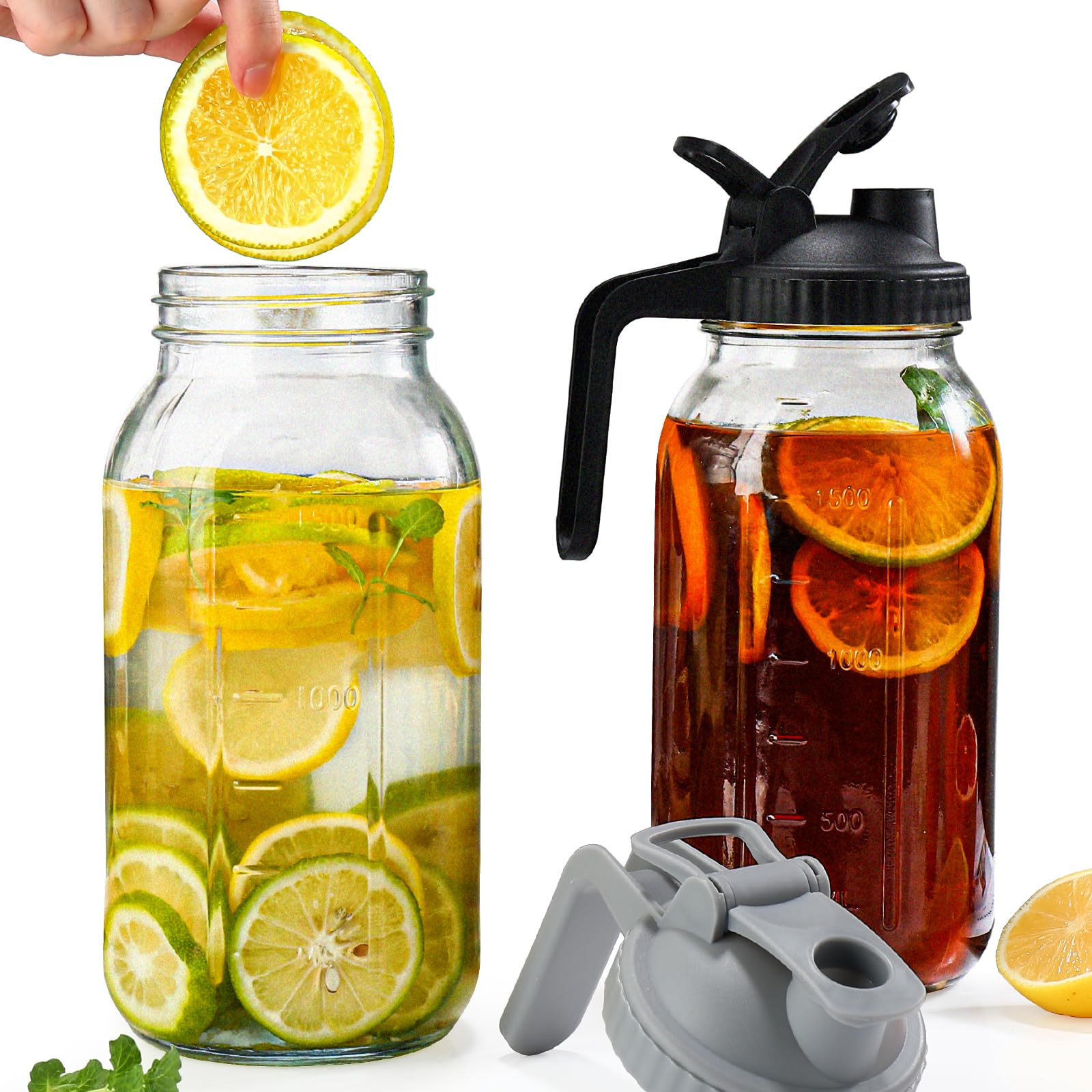 64 oz Glass Pitcher with Lid 2 Pack,2 Quart Mason Jar Pitcher with Lid and Spout - Half Gallon Mason Jar Pitcher Wide Mouth for Iced Tea/Sun Tea/Coffee/Juice, Glass Jars with Lids (Black & Gray)