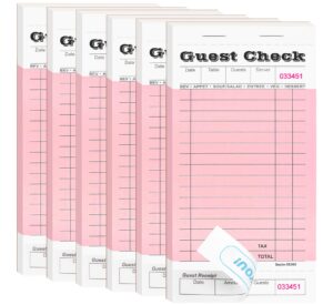 6 pack server note pads, guest check books for servers, guest checks notepad for waiter waitress servers, waitress notepad for restaurants food order, 50 sheets/pad, pink guest check