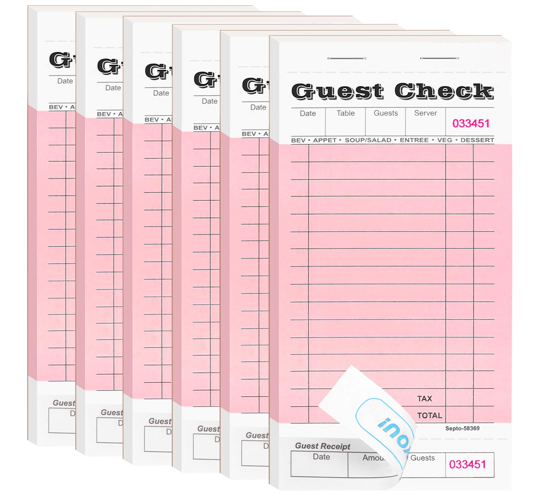 6 Pack Server Note Pads, Guest Check Books for Servers, Guest Checks Notepad for Waiter Waitress Servers, Waitress Notepad for Restaurants Food Order, 50 Sheets/Pad, Pink Guest Check