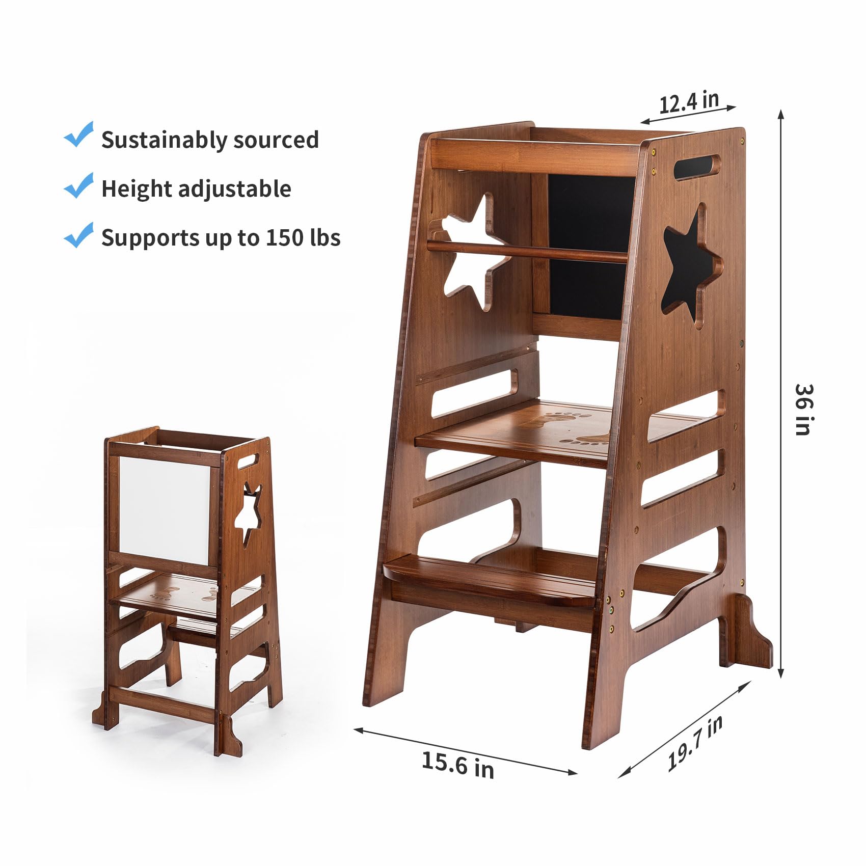 UNICOO Bamboo Height Adjustable Kids Kitchen Step Stool, Kids Learning Stool, Toddlers Stool, Toddler Standing Tower, Safe Step Stool for 1-5 Years Old Kids - Perfect Kitchen Helpe(S033-Antique Brown)