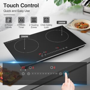 VBGK Double Induction Cooktop, 24 inch 4000W Induction stove top with hot plate,Electric cooktop with LCD Touch Screen 9 Levels Settings with Child Safety Lock & Timer 110V Induction cooktop 2 burner