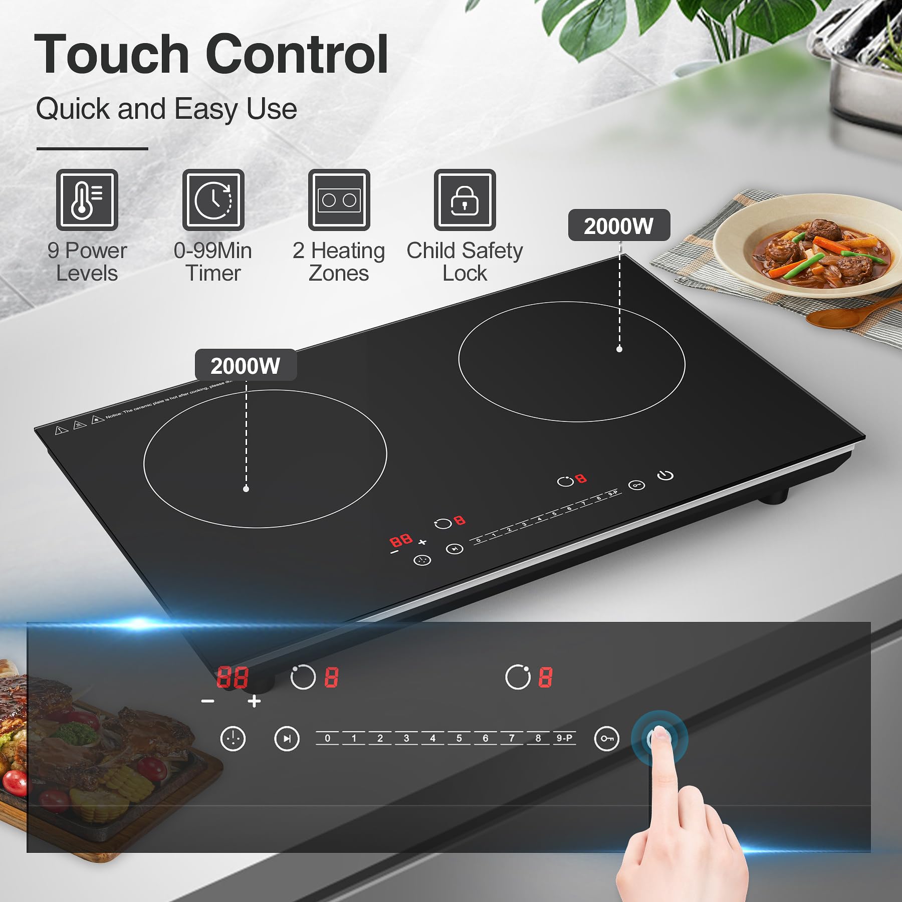 VBGK Double Induction Cooktop, 24 inch 4000W Induction stove top with hot plate,Electric cooktop with LCD Touch Screen 9 Levels Settings with Child Safety Lock & Timer 110V Induction cooktop 2 burner