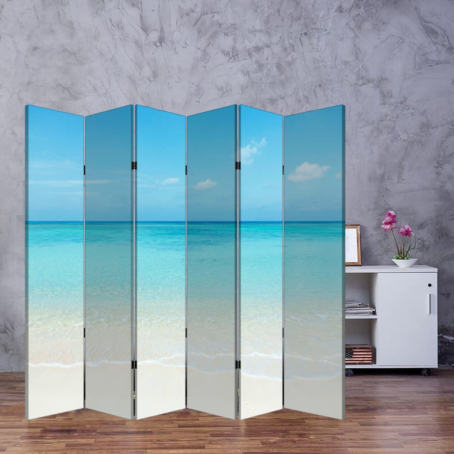 Wood Screen Room Divider Clean White Beach Folding Screen Canvas Privacy Partition Panels Dual-Sided Wall Divider Indoor Display Shelves 6 Panels