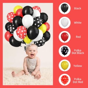 GREMAG Red Yellow Black Balloons, 12inch Black Yellow Red White Polka Dot Balloon Kit with Ribbons, 60 Pcs Latex Balloons for Cartoon Mouse Theme Party Birthday Baby Shower Anniversary Graduation