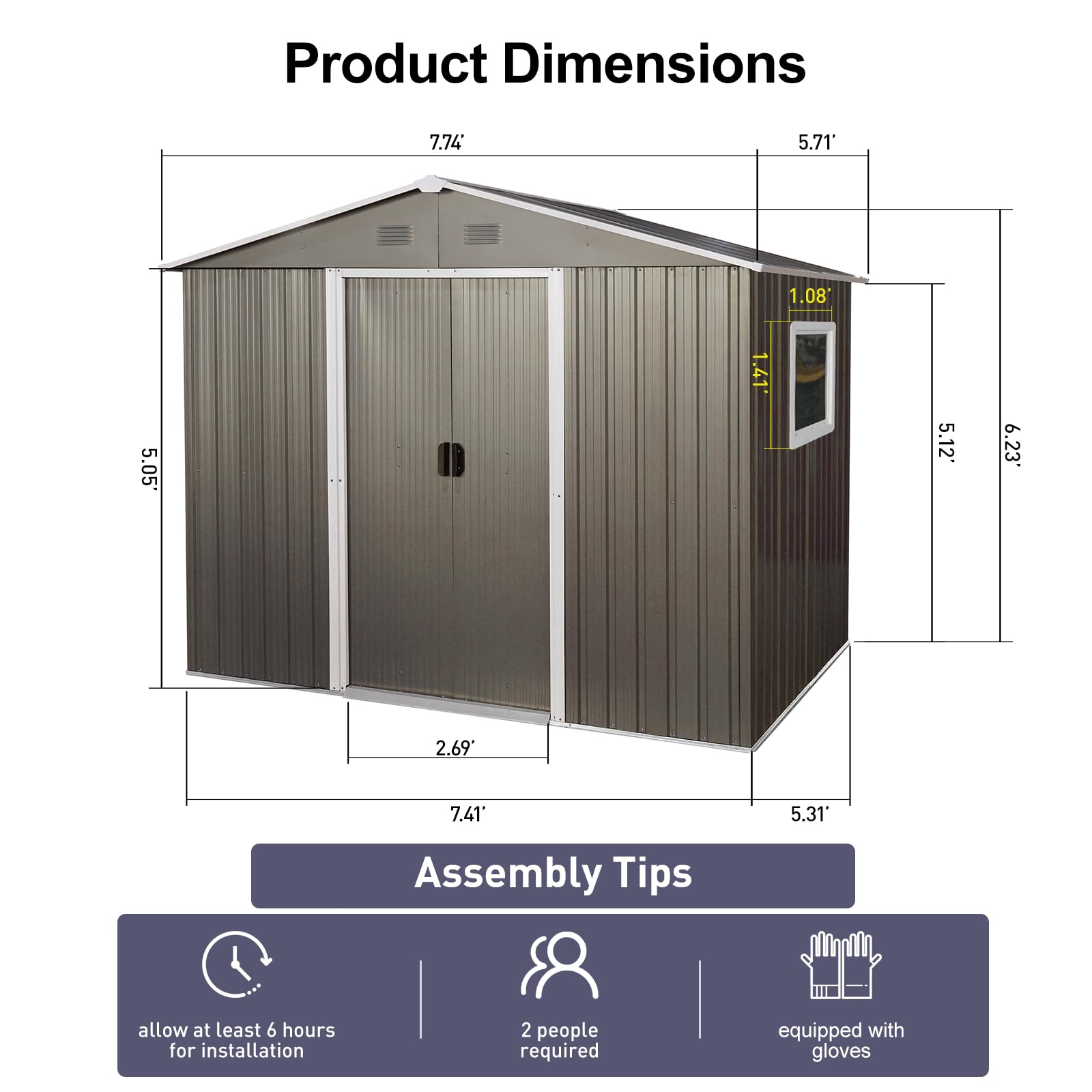 7.74' x 5.71'Outdoor Storage Shed, Steel Tool Shed with Window Floor Frame, Garden Shed Metal Outdoor Storage Clearance for Backyard Patio Lawn (Grey-with Window)