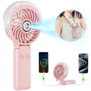 handfan 5200mah handheld misting fan with portable charger, 34ml water tank, rechargeable personal mister fan, spray water mist fan, electric mini hand fans for beach travel outdoors(pink)