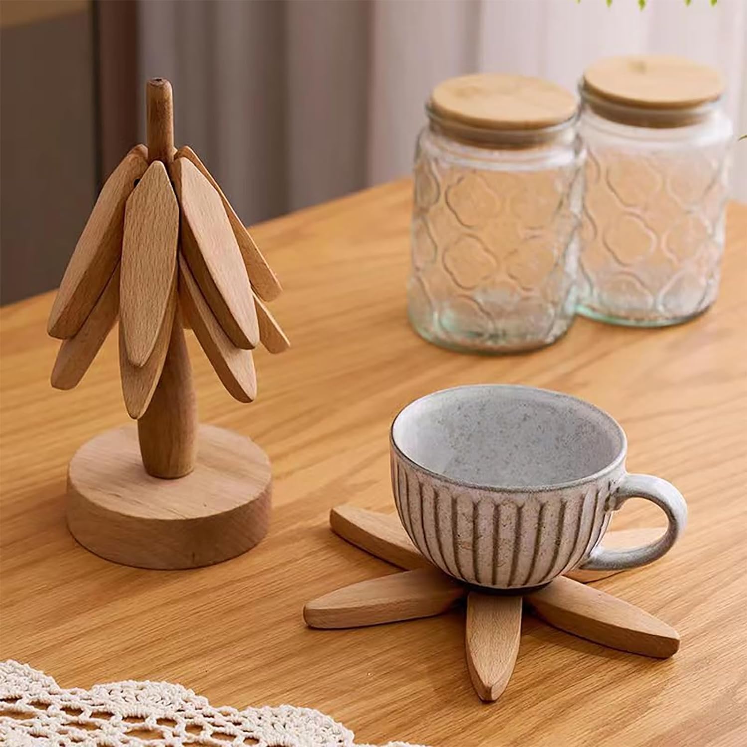 Mamakura Wooden Tree Trivet Set, Christmas Trivet,Tree Shape trivets for hot pots and Pans 7.7inch(3 Layers+1 Stand(Wood Color)