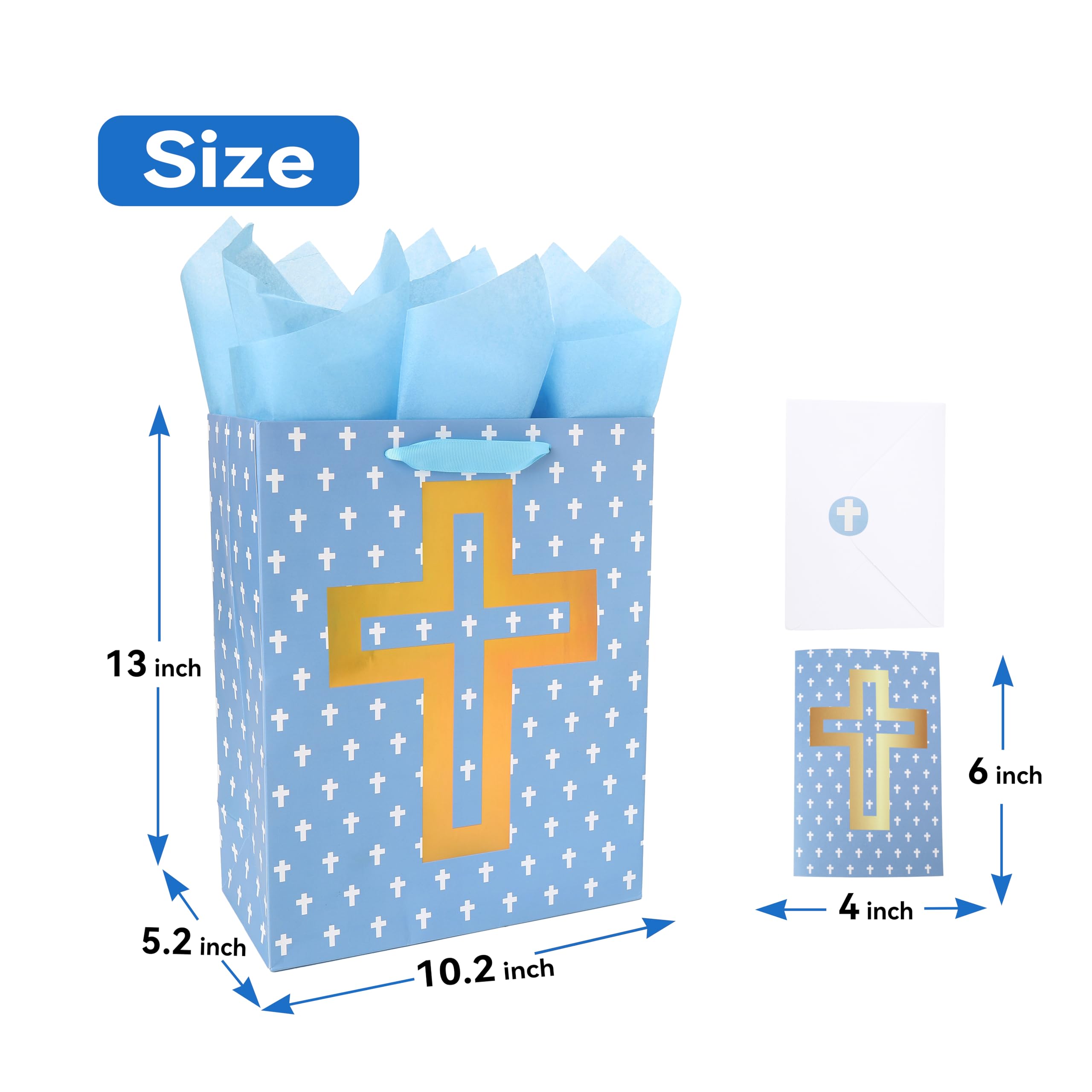 13" Large Blue Gift Bag Set with Greeting Card and Tissue Papers (Foil Cross Design), Tissue Paper for First Communions, Halloween, Christmas, Baby Boy Baptisms, Christenings, Religious