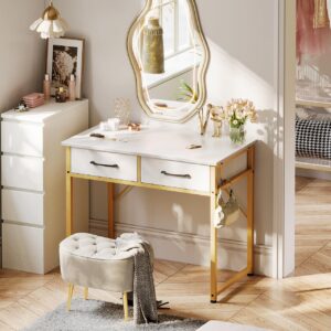 ODK Vanity Desk Without Mirror, Makeup Vanity with 2 Fabirc Drawers, White Vanity Dressing Vanity Table with Versatile Hook, 32 Inch Small Vanity for Bedroom, Desk Make Up for Girls, White and Gold