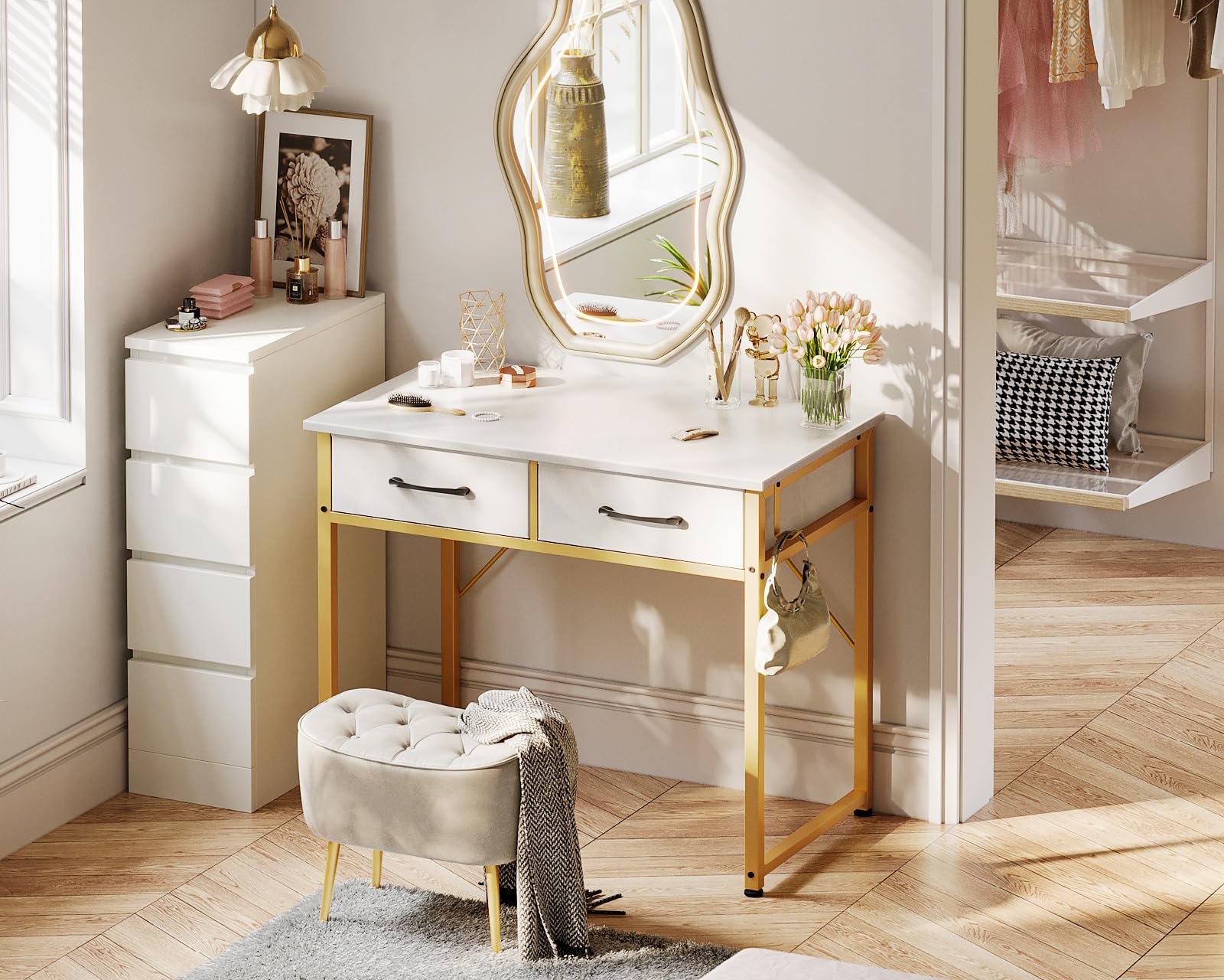 ODK Vanity Desk Without Mirror, Makeup Vanity with 2 Fabirc Drawers, White Vanity Dressing Vanity Table with Versatile Hook, 32 Inch Small Vanity for Bedroom, Desk Make Up for Girls, White and Gold