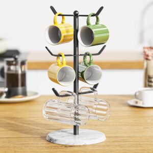 bussdis Mug Holder with Marble Base : Cup Tree with 6 Hooks - Natural Marble Base for Decor and Storage - for Coffee Tea Cup