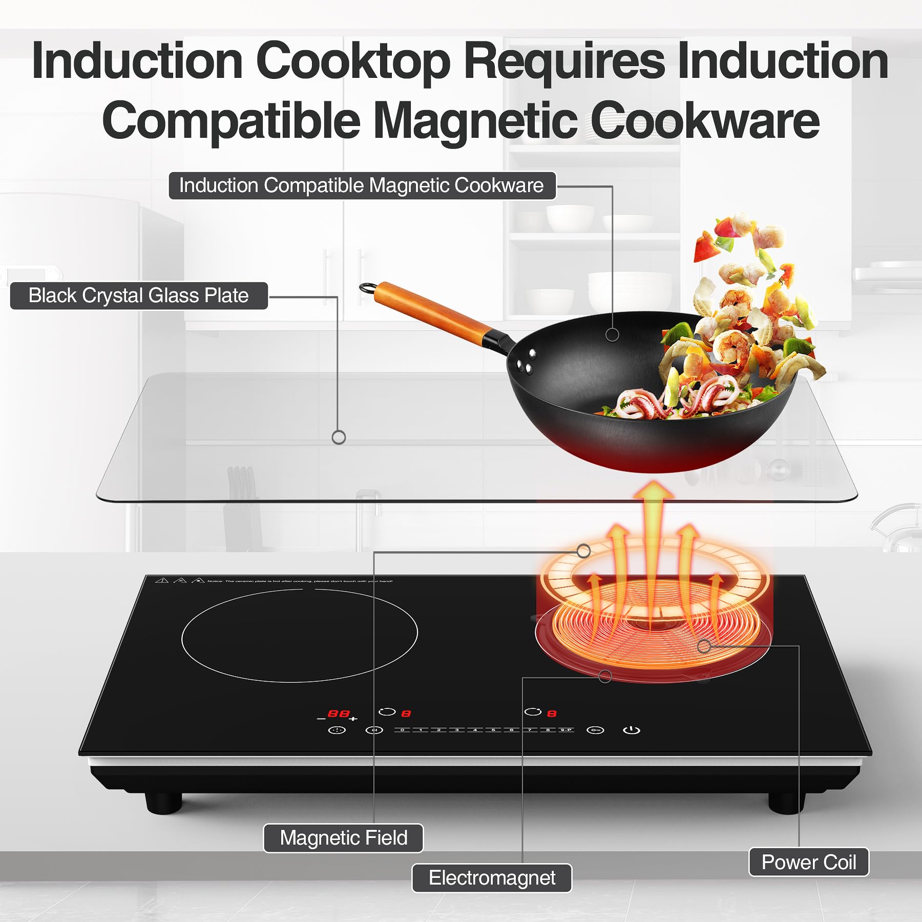 VBGK Double Induction Cooktop, 24 inch 4000W Induction stove top with hot plate,Electric cooktop with LCD Touch Screen 9 Levels Settings with Child Safety Lock & Timer 110V Induction cooktop 2 burner