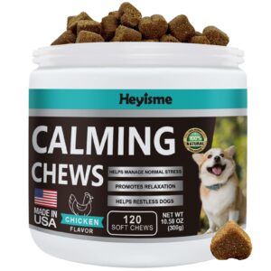 heyisme calming chews for dogs, dog calming treats with hemp, valerian root, organic chamomile, dog anxiety relief aid with thunder, fireworks, separation, barking, stress relief (chicken, 120 chews)