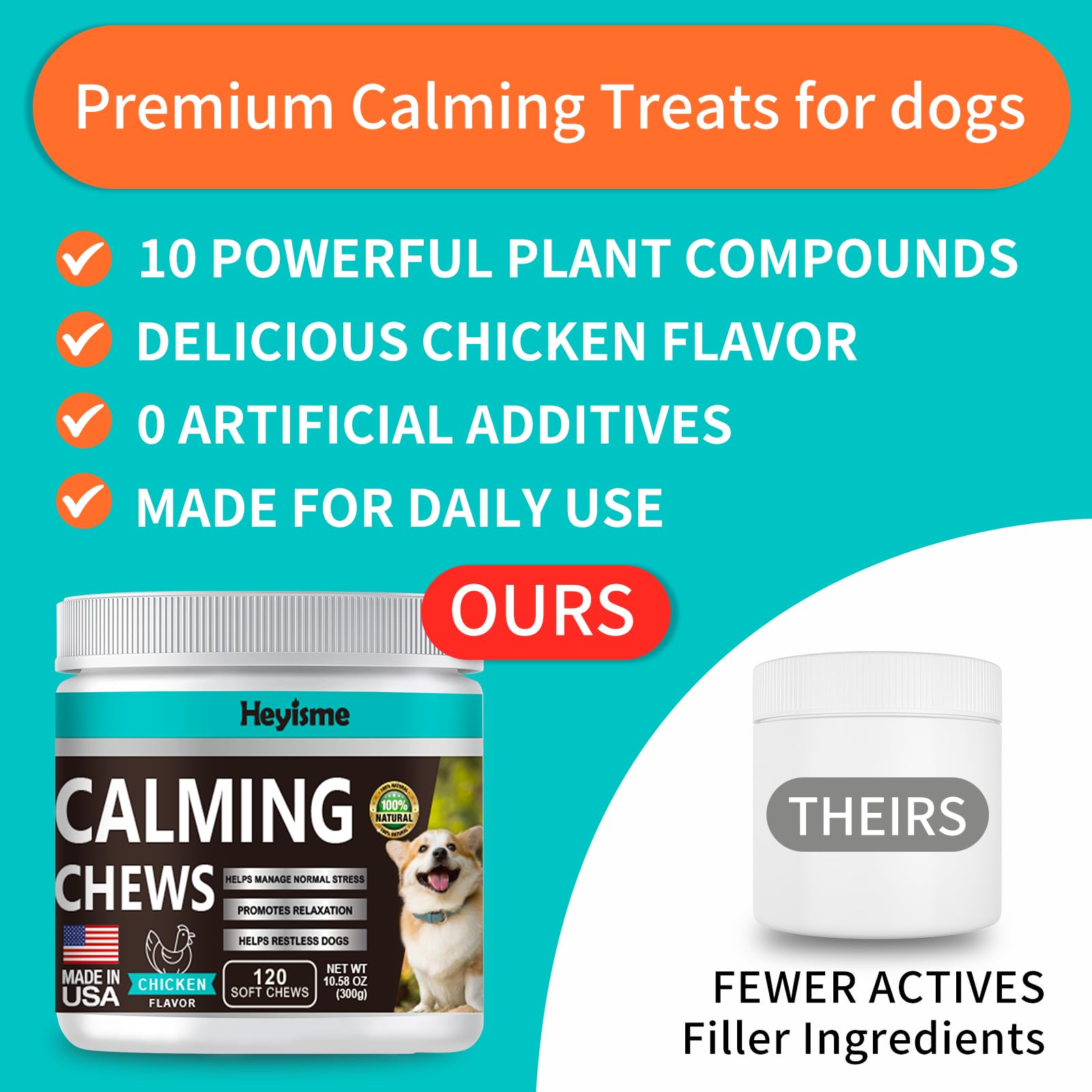 HEYISME Calming Chews for Dogs, Dog Calming Treats with Hemp, Valerian Root, Organic Chamomile, Dog Anxiety Relief Aid with Thunder, Fireworks, Separation, Barking, Stress Relief (Chicken, 120 Chews)