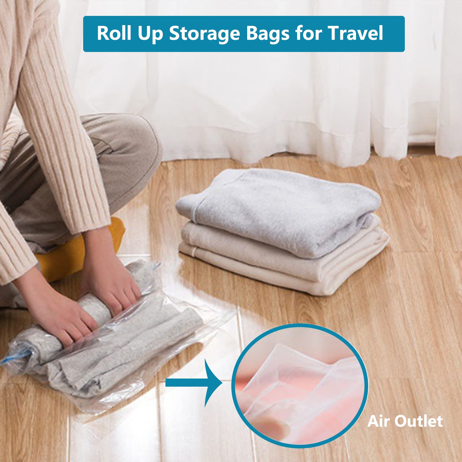 Compression Bags for Travel, Travel Essentials Hand Roll-Up Space Saver Seal Clothes Storage Bags, No Pump Needed Vacuum Storage Bags for Travel Accessories Home Packing Organizers (4 Medium, 4 Large)