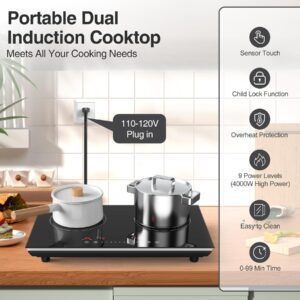 VBGK Double Induction Cooktop, 24 inch 4000W Induction stove top with hot plate,Electric cooktop with LCD Touch Screen 9 Levels Settings with Child Safety Lock & Timer 110V Induction cooktop 2 burner