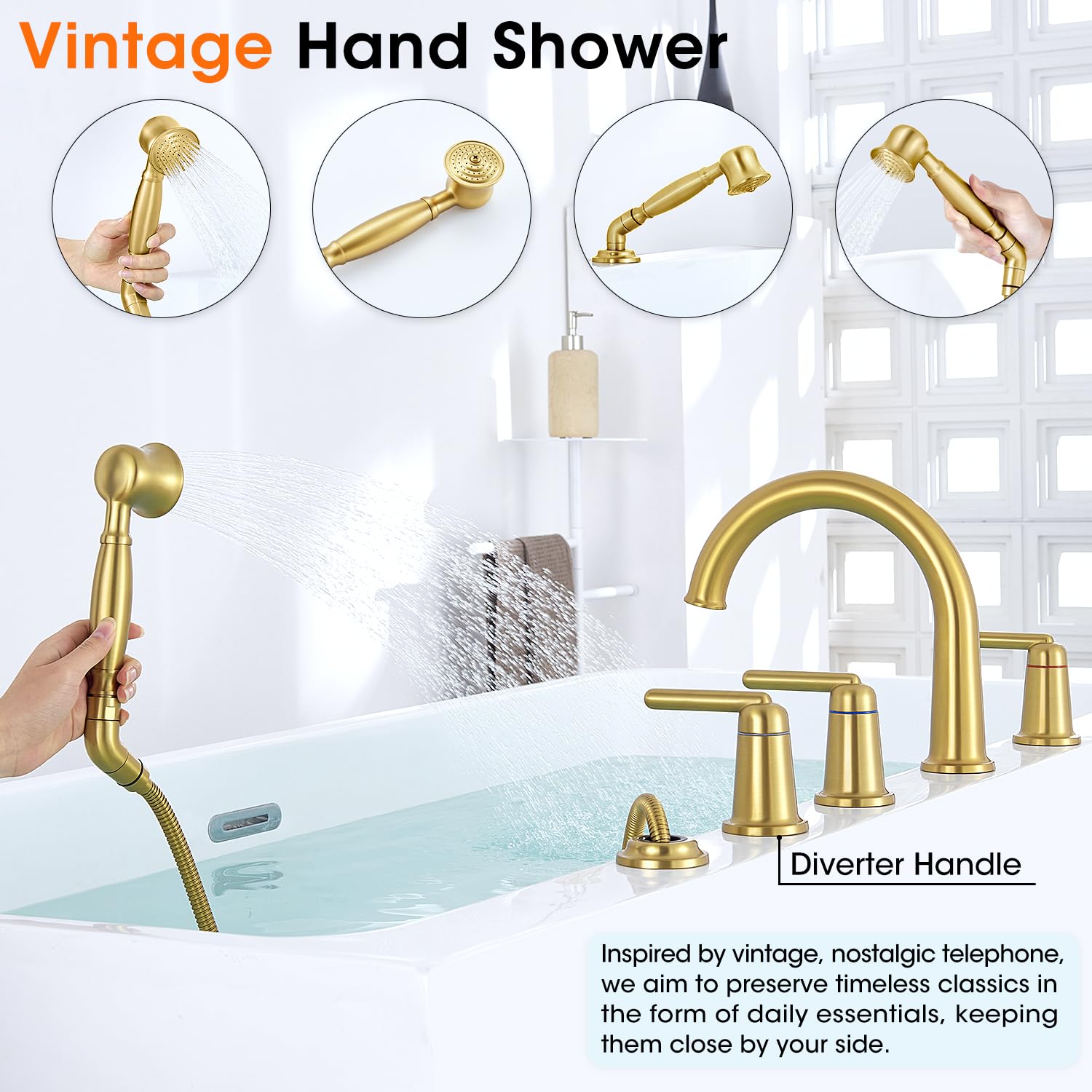 Wintap Roman Tub Faucet with Sprayer, 5 Hole Widespread Deck Mount Bathtub Faucet with Valve Classic High Arch Gooseneck Bath Tub Faucet Set with Diverter High Flow Tub Filler Brushed Gold WT-9809BG