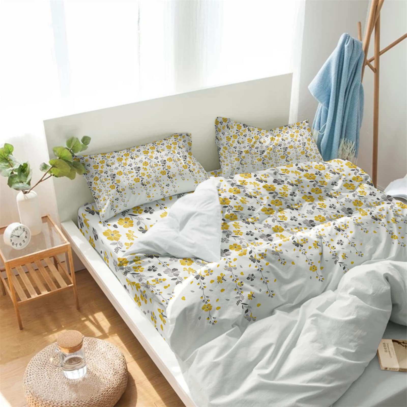 Autumn Yellow Weeping Floral White Back Duvet Cover Sets 4 Piece California King Ultra Soft Bed Quilt Cover Set for Kids/Teens/Women/Men,Gray Flower Vine Leaf Bedding Collection All Season Use