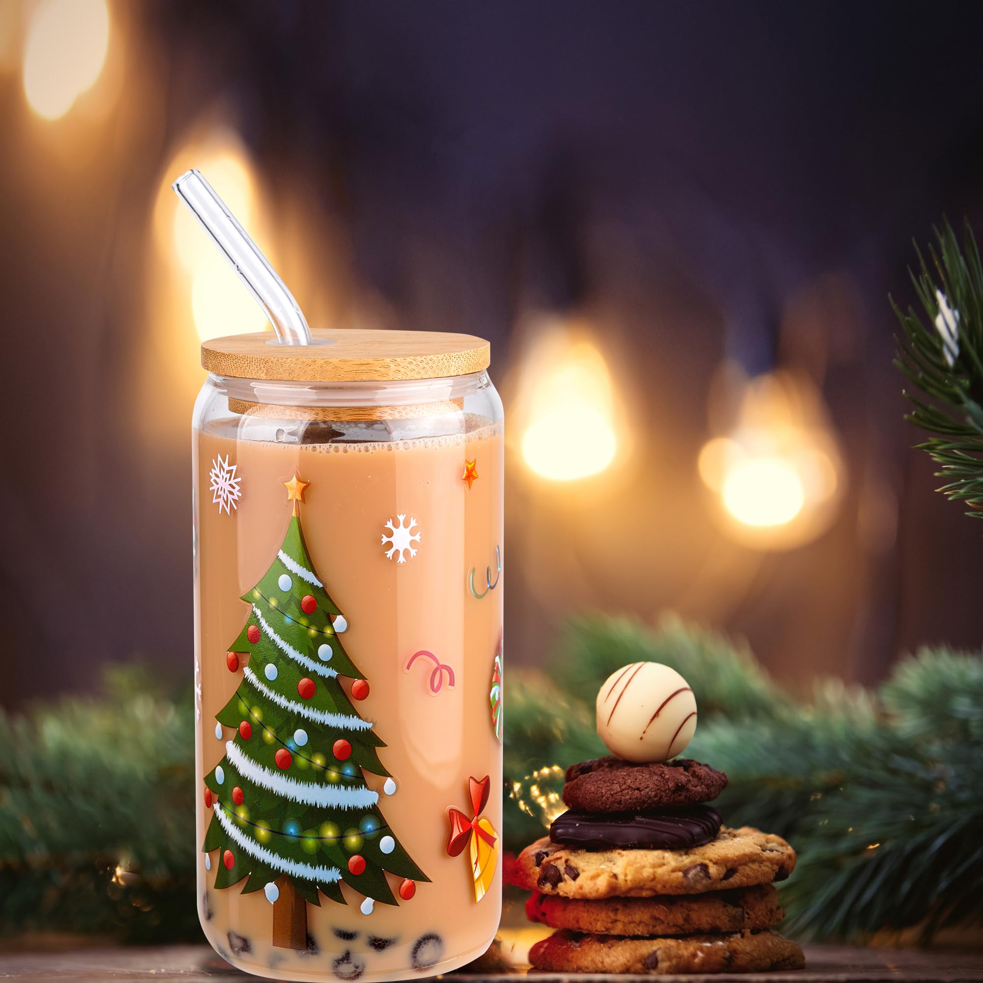 6 Pieces Christmas Can Glass 16oz Coffee Glass Cup with Bamboo Lid and Straw Santa Claus, Elk, Christmas Tree Can Glass for for Water, Juice, Milk, Beer, Whiskey, Vodka and Christmas Party