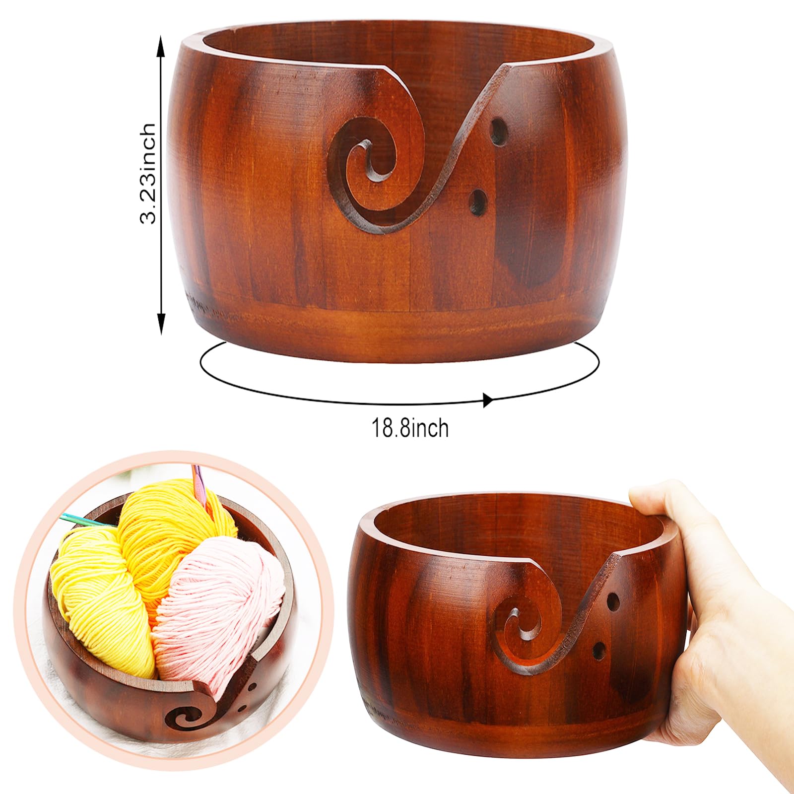 Wooden Yarn Bowl Knitting Wool Storage Basket Round with Holes Knitting Yarn Bowls Crochet Bowl Holder Handmade Yarn Storage Bowl for DIY Knitting