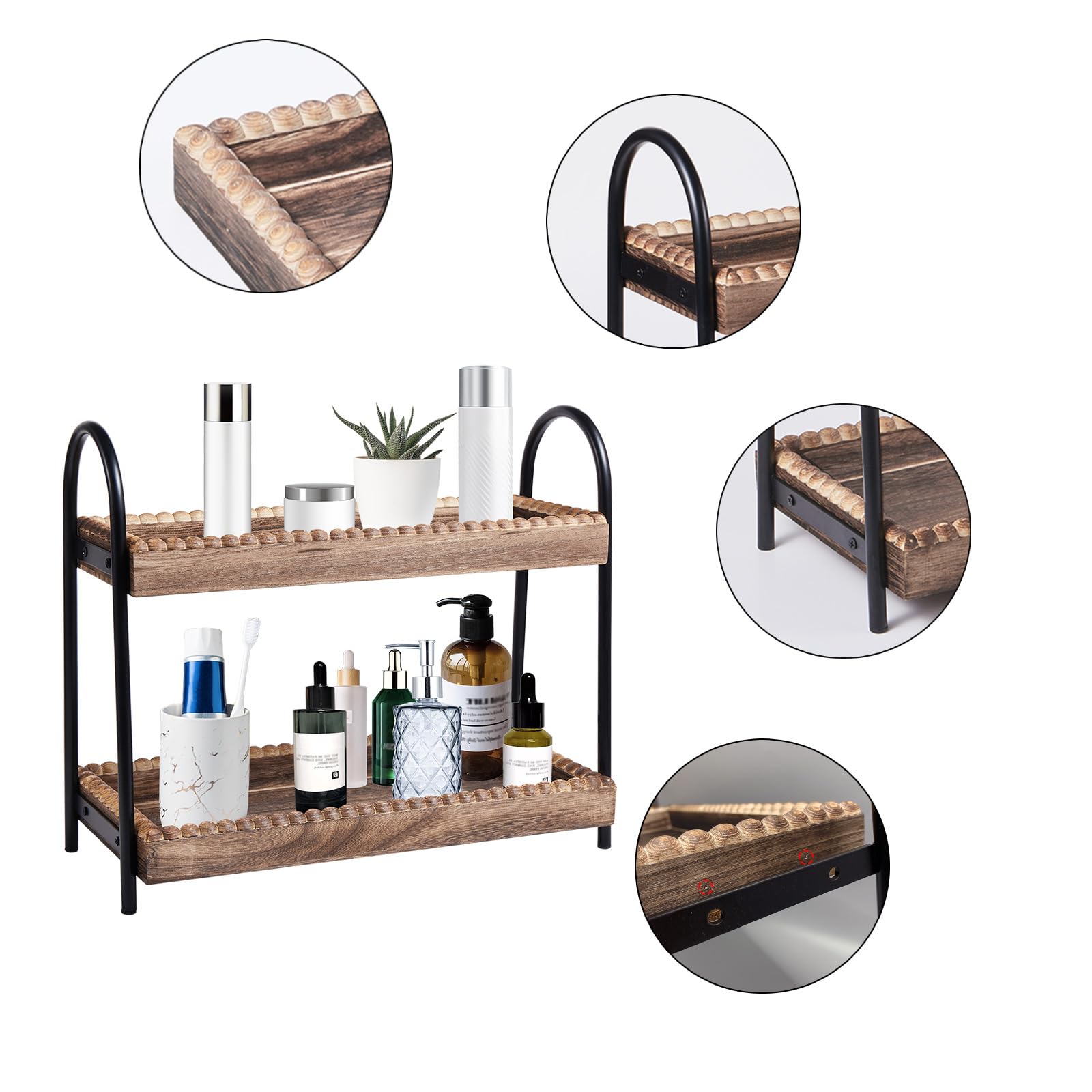 BDBDYEAY Bathroom Countertop Organizer, 2 Tier Vanity Organizer and Storage for Cosmetic Skincare Perfume, Wood Bead Storage Shelf for Bathroom Kitchen Coffee Station