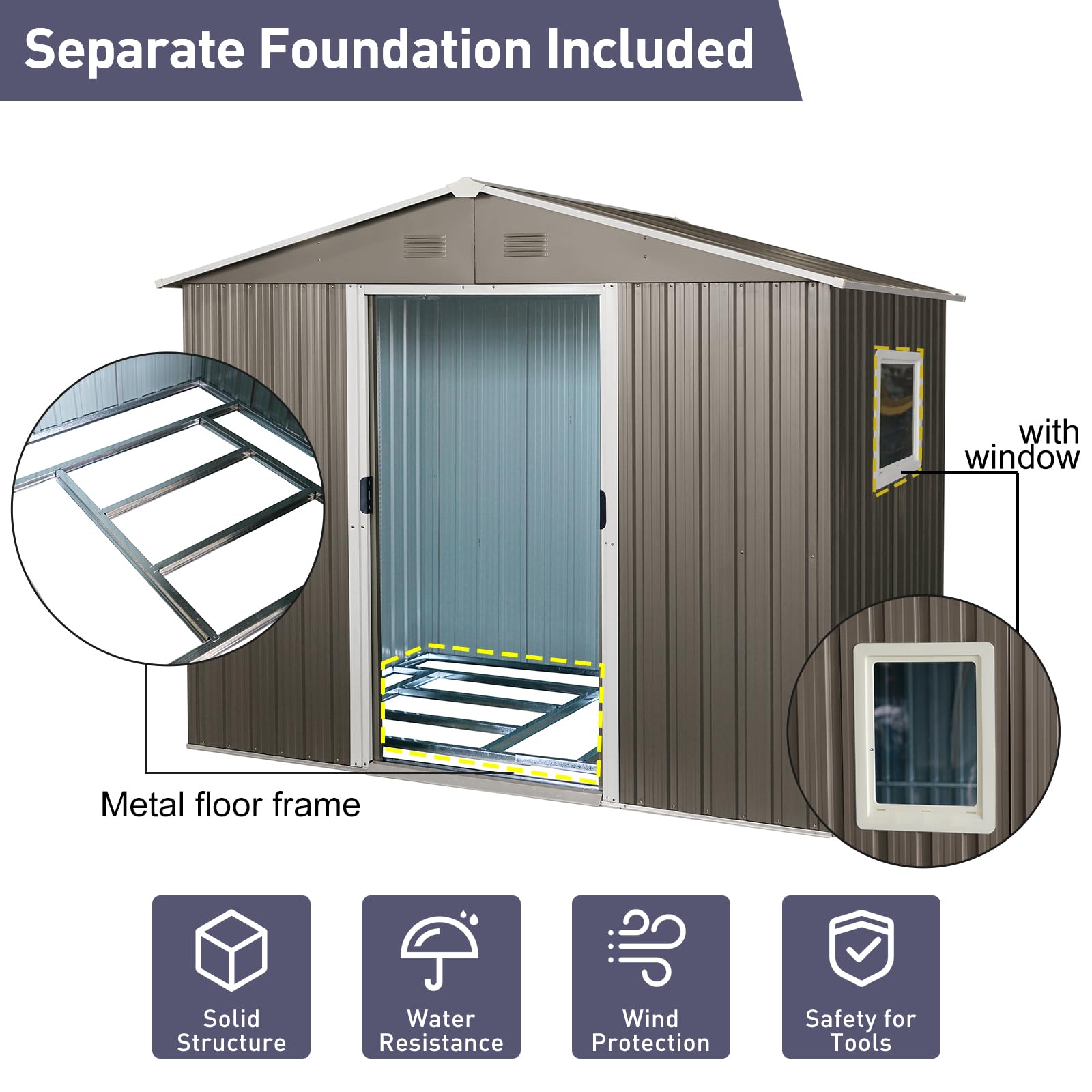 7.74' x 5.71'Outdoor Storage Shed, Steel Tool Shed with Window Floor Frame, Garden Shed Metal Outdoor Storage Clearance for Backyard Patio Lawn (Grey-with Window)