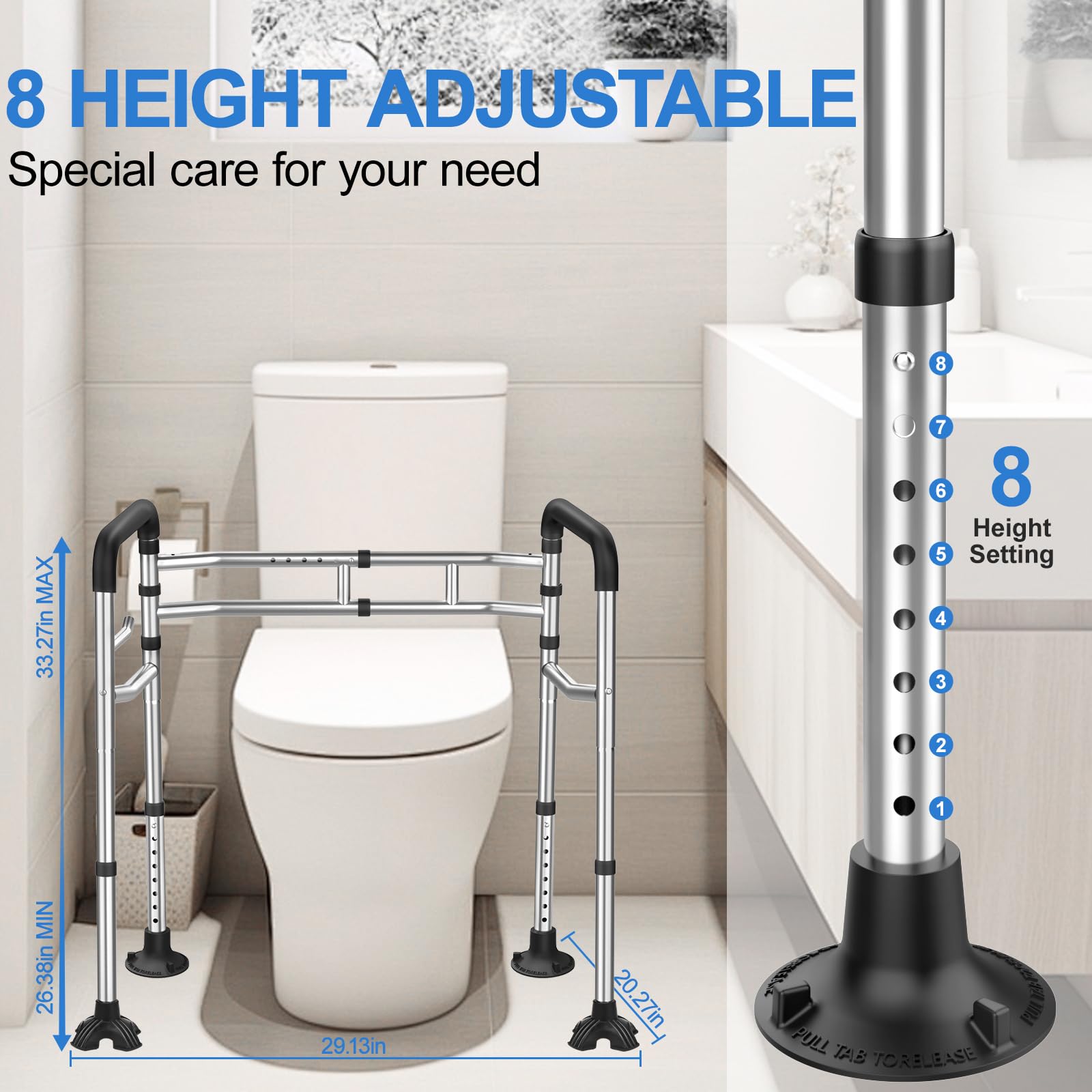 UGarden FSA/HSA Eligible Toilet Safety Rail, 380LB Stainless Steel Toilet Frame with Padded Handles&Paper Holder, Adjustable Detachable Handicap Toilet Rails, Foldable Toilet Support Frame for Elderly