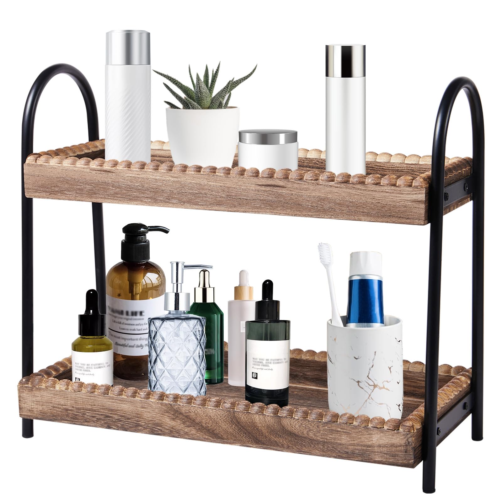 BDBDYEAY Bathroom Countertop Organizer, 2 Tier Vanity Organizer and Storage for Cosmetic Skincare Perfume, Wood Bead Storage Shelf for Bathroom Kitchen Coffee Station