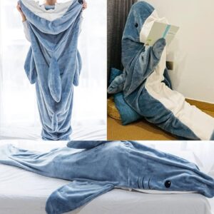 Shark Blanket Wearable Flannel Blanket Cozy Blanket Hoodie Shark Sleeping Bag Cartoon Animals One-Piece Blanket for Adults & Kids Blue XL(61-66in)