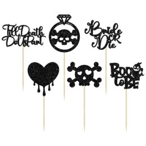 Gyufise 24Pcs Halloween Bachelorette Cupcake Topper Glitter Boo To Be Ring Bride Or Die Cake Toppers Skull Heart Blood Glitter Food Picks for Horror Ghost Engagement Party Decorations Black