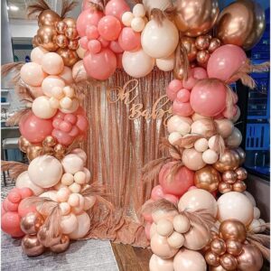 Pink Balloon Arch Kit, 120pcs Macaron Pink Balloon Garland Arch Kit, Orange Apricot and Metallic Rose Gold Balloon for Girls Boho Balloon Arch for Baby Bridal Shower, Birthday Party and Princess Theme