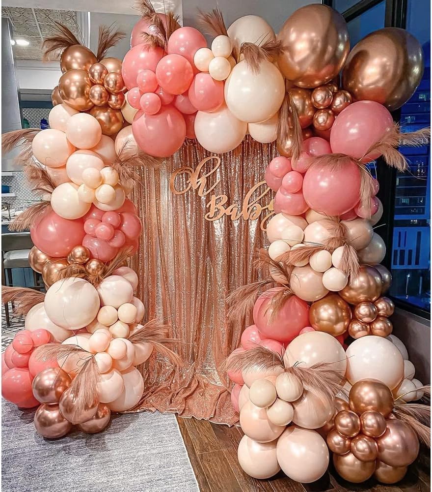 Pink Balloon Arch Kit, 120pcs Macaron Pink Balloon Garland Arch Kit, Orange Apricot and Metallic Rose Gold Balloon for Girls Boho Balloon Arch for Baby Bridal Shower, Birthday Party and Princess Theme