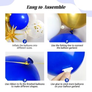 FOTIOMRG 136pcs Royal Blue and Gold Balloons Arch Garland Kit with Star Foil Balloons, 5 10 12 18 inch Navy Blue White and Gold Balloon for Anniversary Wedding New Year Birthday Party Decorations