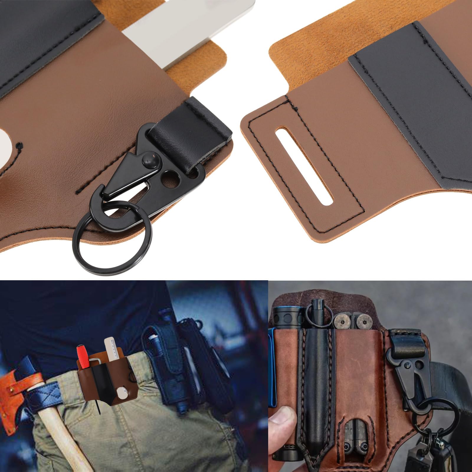 ECSiNG Leather Belt Sheath with Key Holder & Pens Clip & Flashlight Holster Multitool EDC Pocket Organizer Sheath Pouch for Men Brown