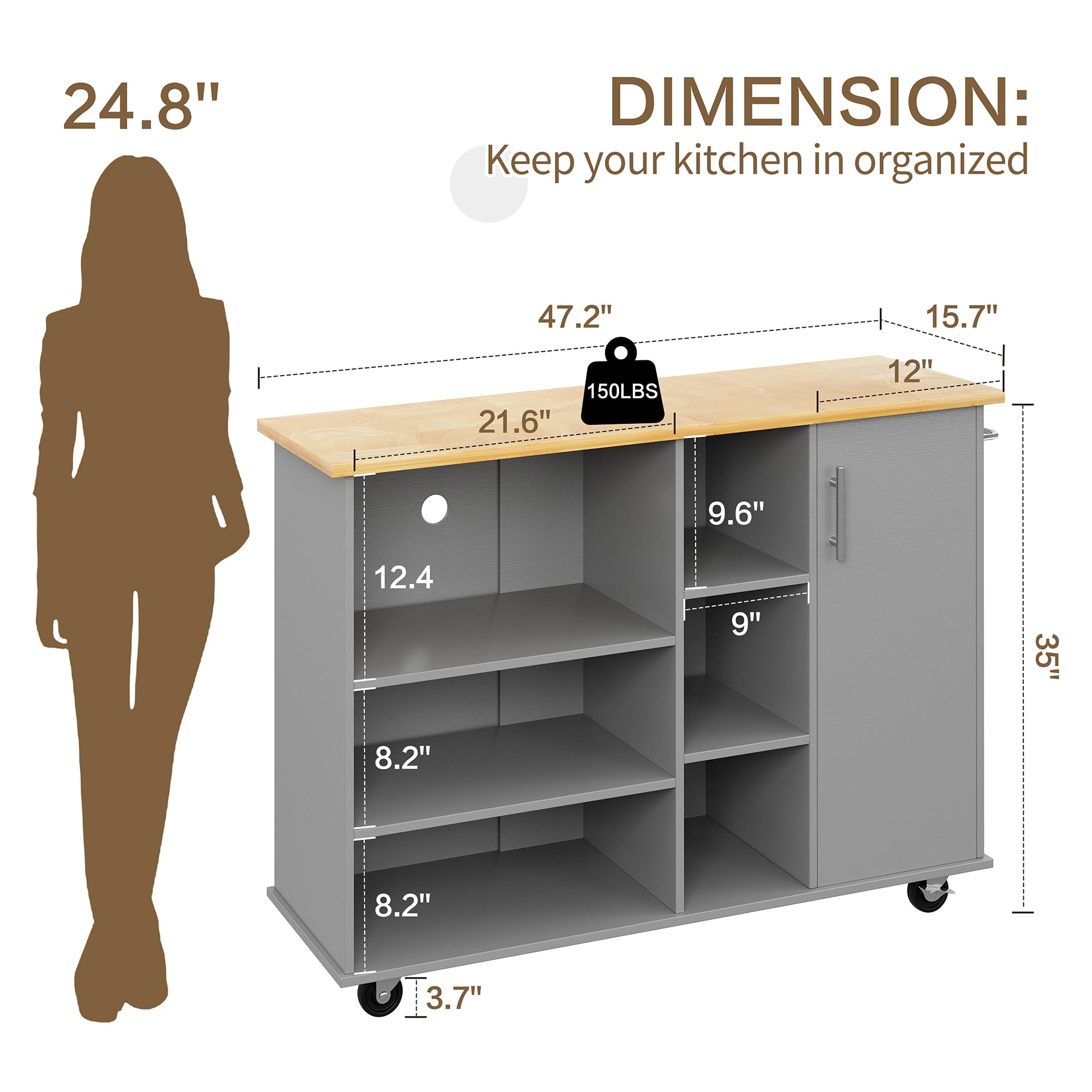 SUNLEI Kitchen Island on Wheels with Storage Cabinet & Drawer, 47.2" Large Kitchen Cabinet with Open Shelves, Cart Handle for Towel Rack or Free Mobility, Portable Islands for Kitchen(Grey)