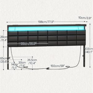 HOOBRO King Size Upholstered Headboard, Storage Rack with Charging Stations and LED Lights, PU Upholstery, Headboard with Open Storage Shelf, Adjustable Height, Sturdy and Stable, Black
