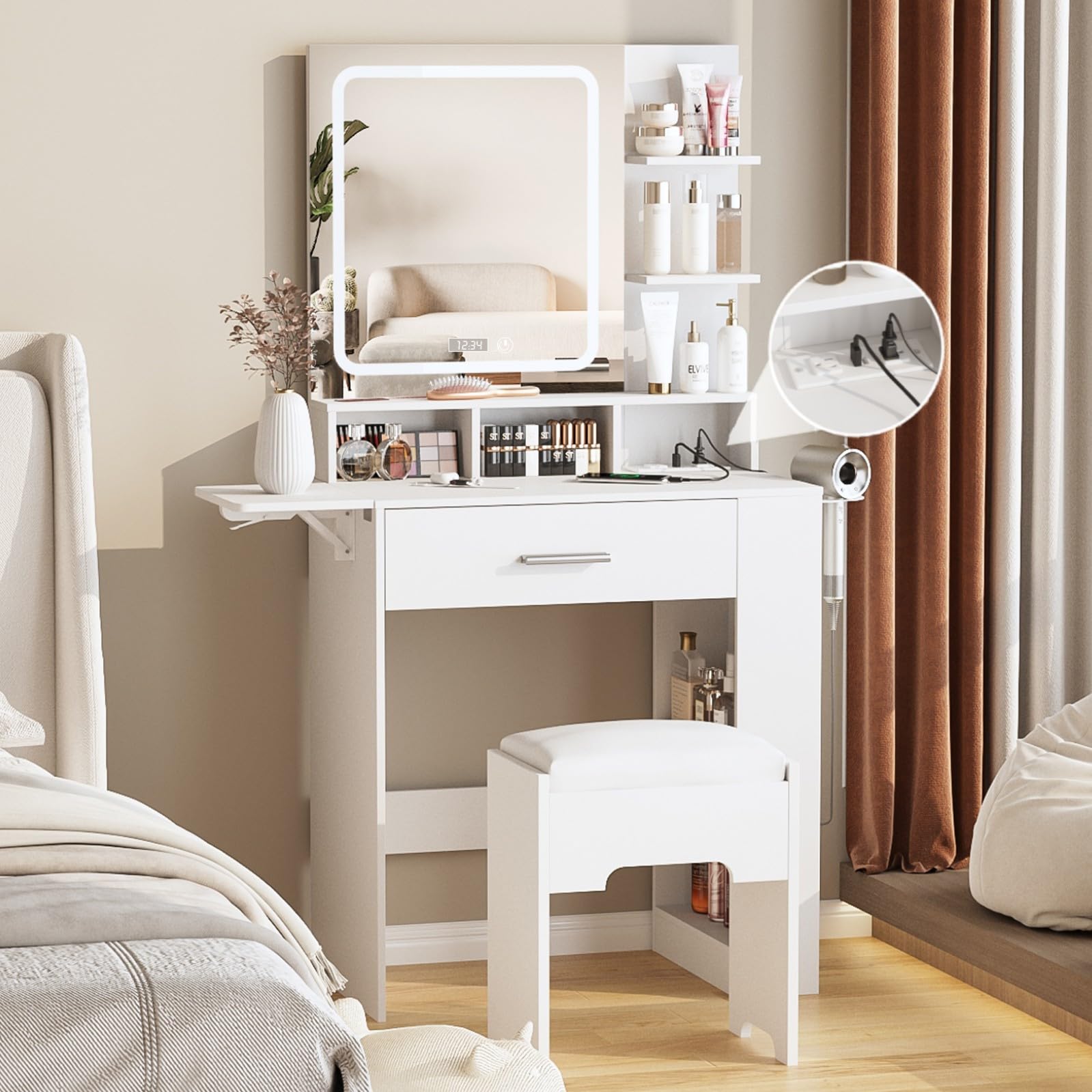 Fameill Vanity Desk with Mirror and Lights, Small Makeup Vanity with Drawer & Lots Storage Shelves, White Vanity Table with Charging Station & Time Display, Vanity Set with Chair, for Bedroom