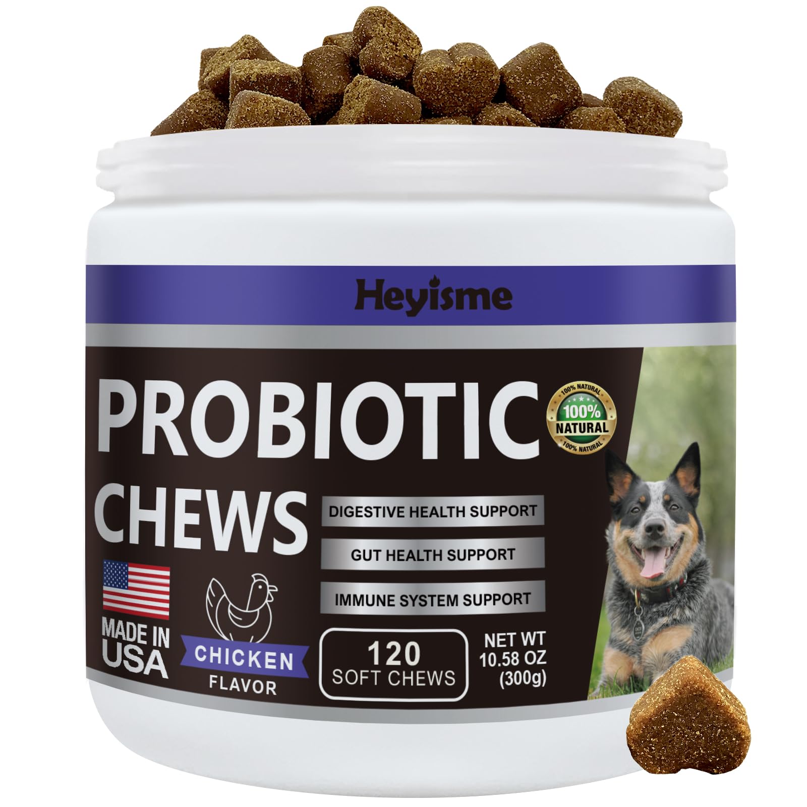 HEYISME Probiotics for Dogs, Improve Yeast Balance, Itchy Skin Itchy Ears, Gut Health, Allergies, Immunity, Dog Probiotics and Digestive Enzymes with Prebiotics - Reduce Diarrhea (Chicken, 120 Chews)