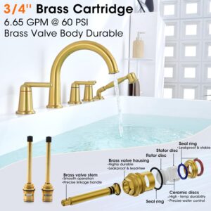 Wintap Roman Tub Faucet with Sprayer, 5 Hole Widespread Deck Mount Bathtub Faucet with Valve Classic High Arch Gooseneck Bath Tub Faucet Set with Diverter High Flow Tub Filler Brushed Gold WT-9809BG