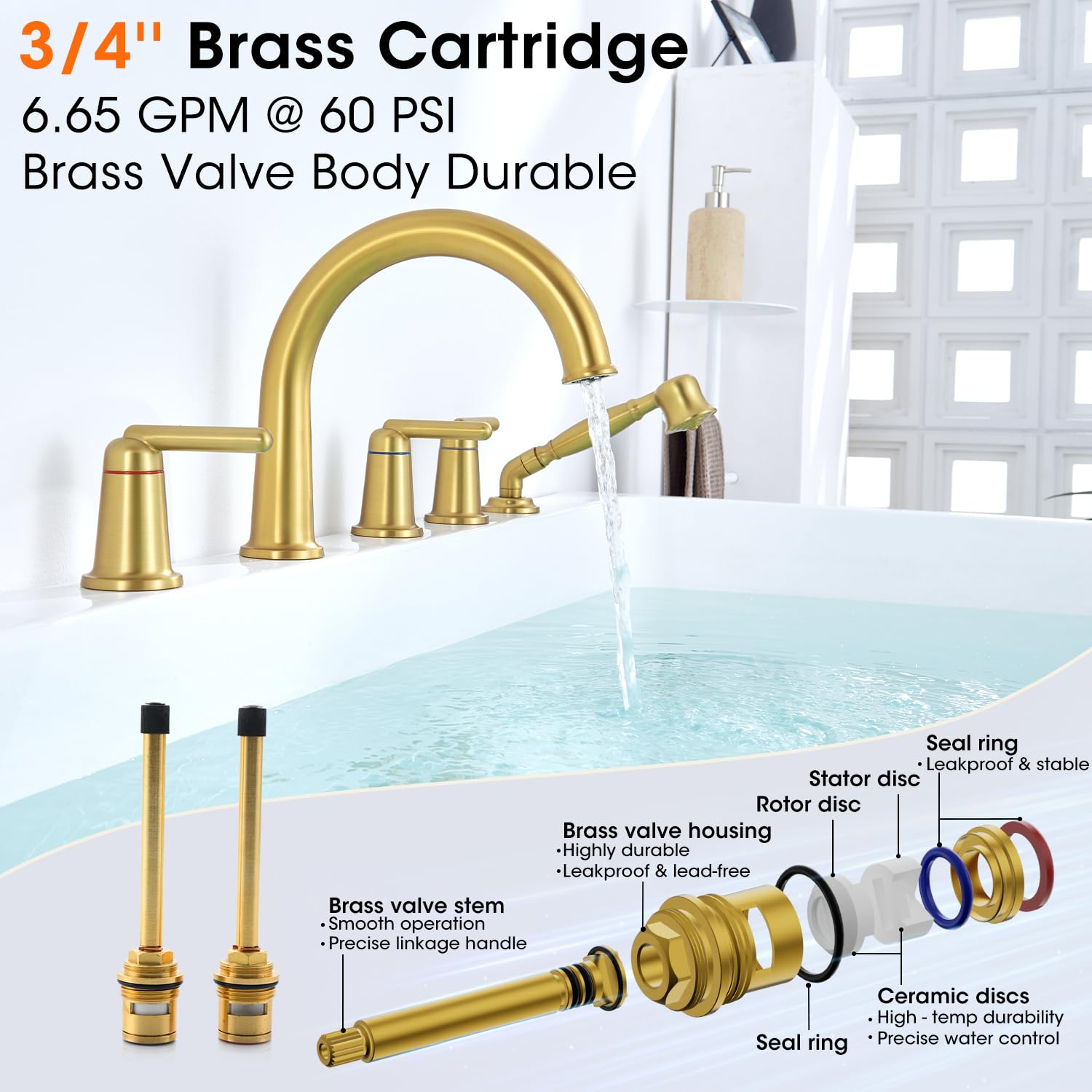 Wintap Roman Tub Faucet with Sprayer, 5 Hole Widespread Deck Mount Bathtub Faucet with Valve Classic High Arch Gooseneck Bath Tub Faucet Set with Diverter High Flow Tub Filler Brushed Gold WT-9809BG