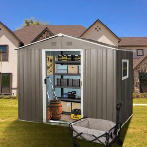 7.74' x 5.71'outdoor storage shed, steel tool shed with window floor frame, garden shed metal outdoor storage clearance for backyard patio lawn (grey-with window)