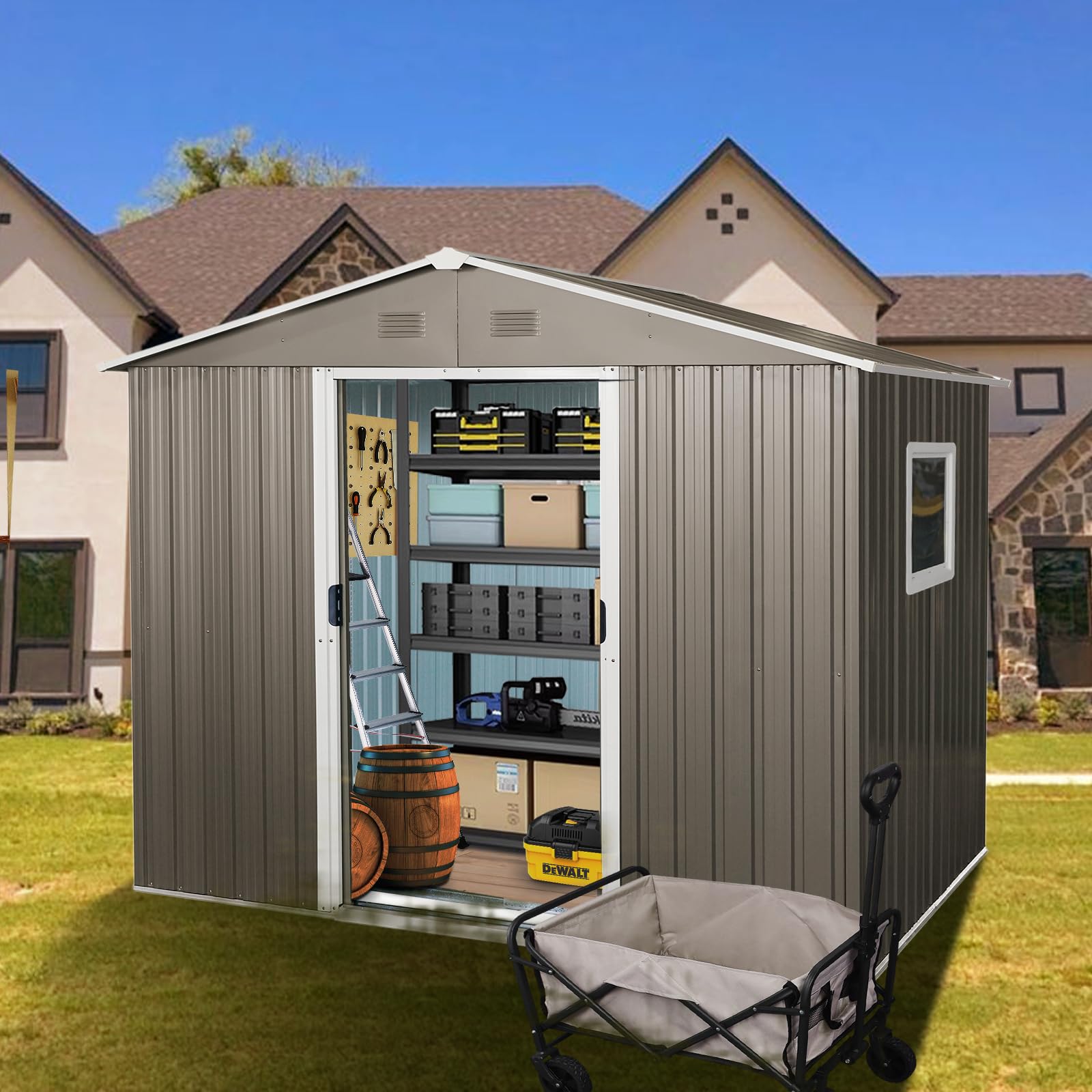 7.74' x 5.71'Outdoor Storage Shed, Steel Tool Shed with Window Floor Frame, Garden Shed Metal Outdoor Storage Clearance for Backyard Patio Lawn (Grey-with Window)