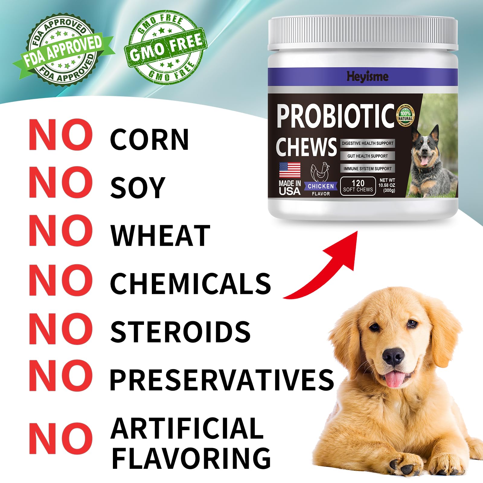 HEYISME Probiotics for Dogs, Improve Yeast Balance, Itchy Skin Itchy Ears, Gut Health, Allergies, Immunity, Dog Probiotics and Digestive Enzymes with Prebiotics - Reduce Diarrhea (Chicken, 120 Chews)