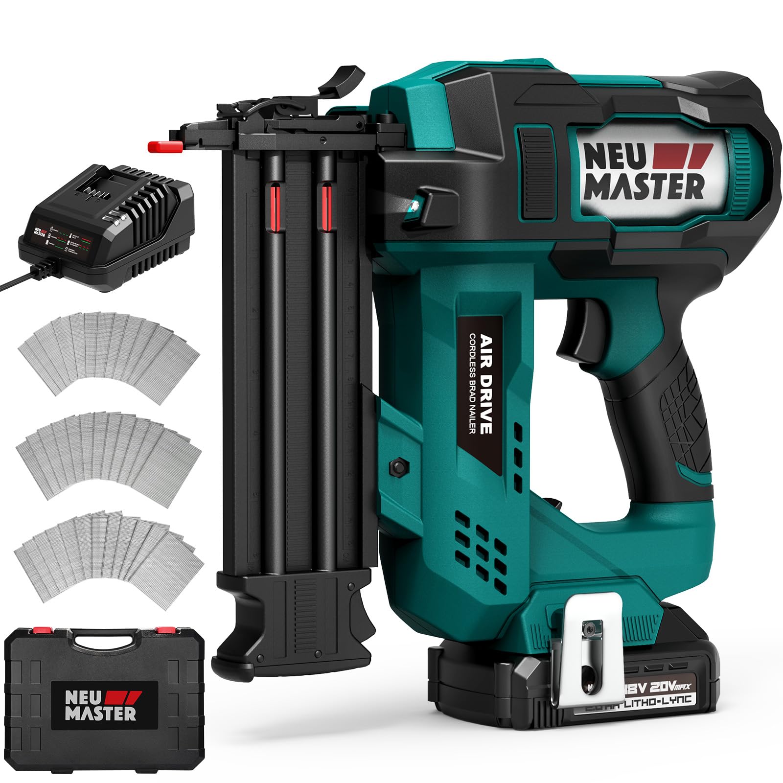 NEU MASTER Nail Gun Battery Powered, Cordless Nail Gun-18GA 2 Inch Nail with Depth Adjustment/1800pcs Nails, Multi-Usage Brad Nailer for Trim, Molding, Woodwork, DIY Upholstery-20V Battery&Charger