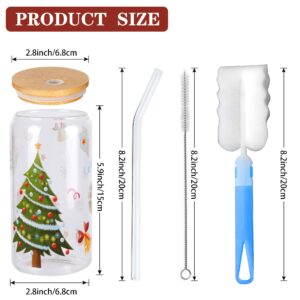 6 Pieces Christmas Can Glass 16oz Coffee Glass Cup with Bamboo Lid and Straw Santa Claus, Elk, Christmas Tree Can Glass for for Water, Juice, Milk, Beer, Whiskey, Vodka and Christmas Party