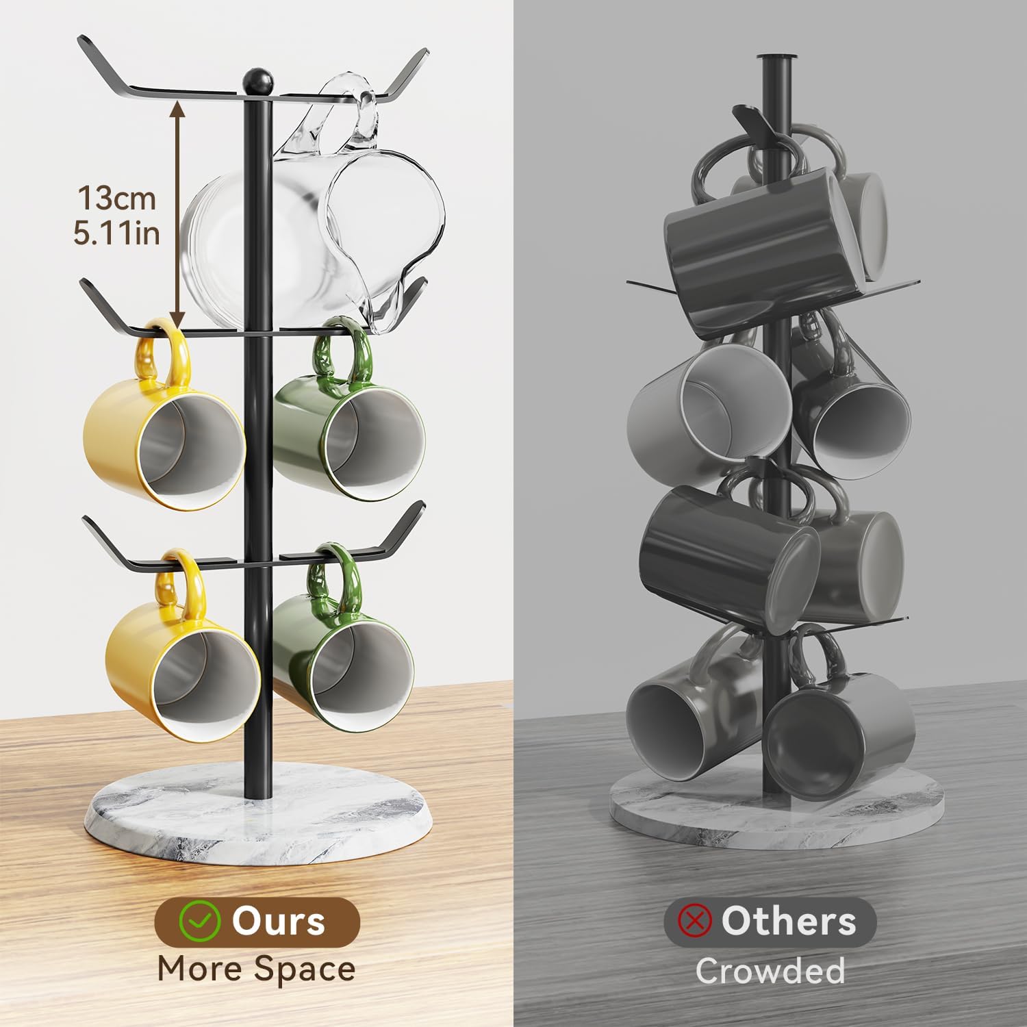 bussdis Mug Holder with Marble Base : Cup Tree with 6 Hooks - Natural Marble Base for Decor and Storage - for Coffee Tea Cup