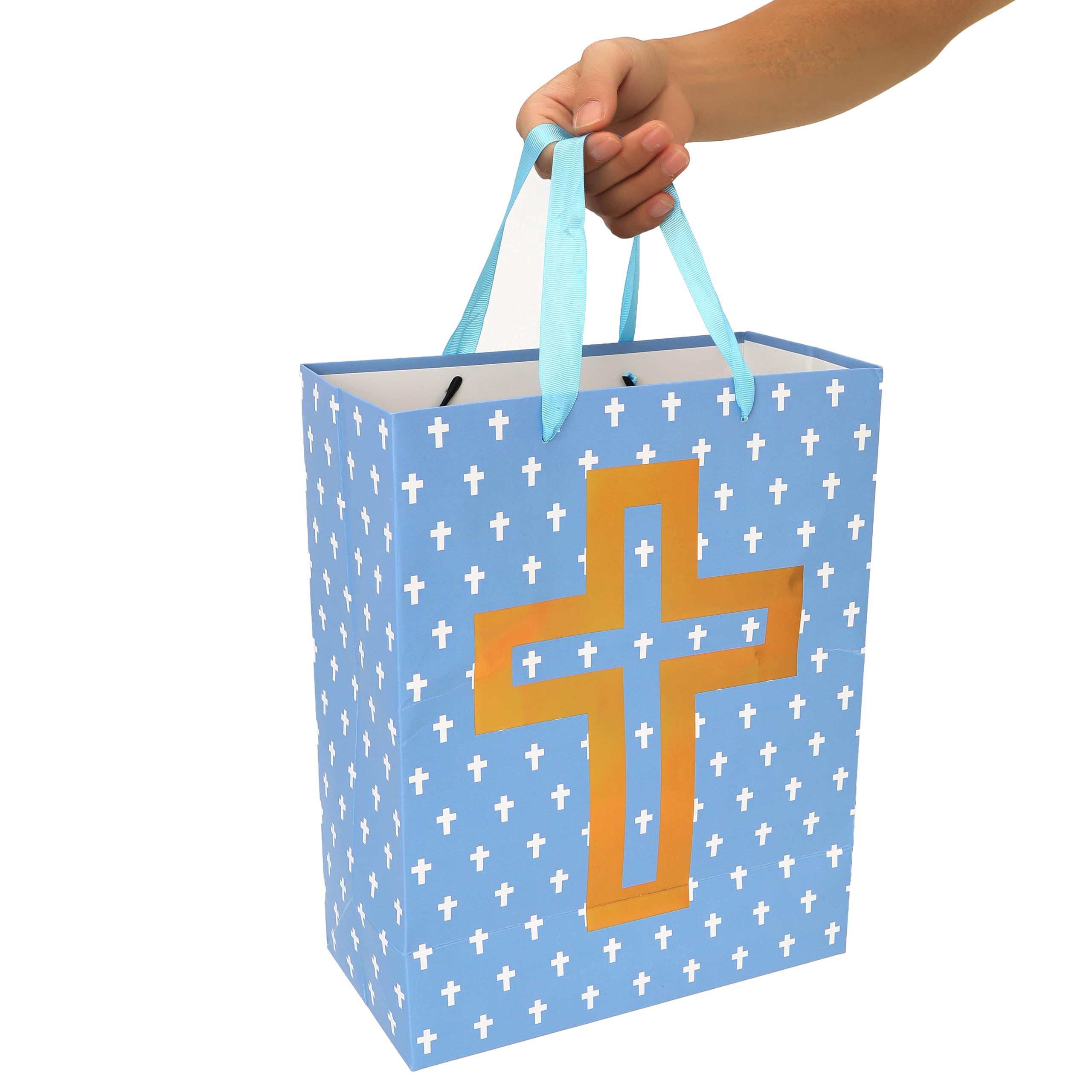 13" Large Blue Gift Bag Set with Greeting Card and Tissue Papers (Foil Cross Design), Tissue Paper for First Communions, Halloween, Christmas, Baby Boy Baptisms, Christenings, Religious