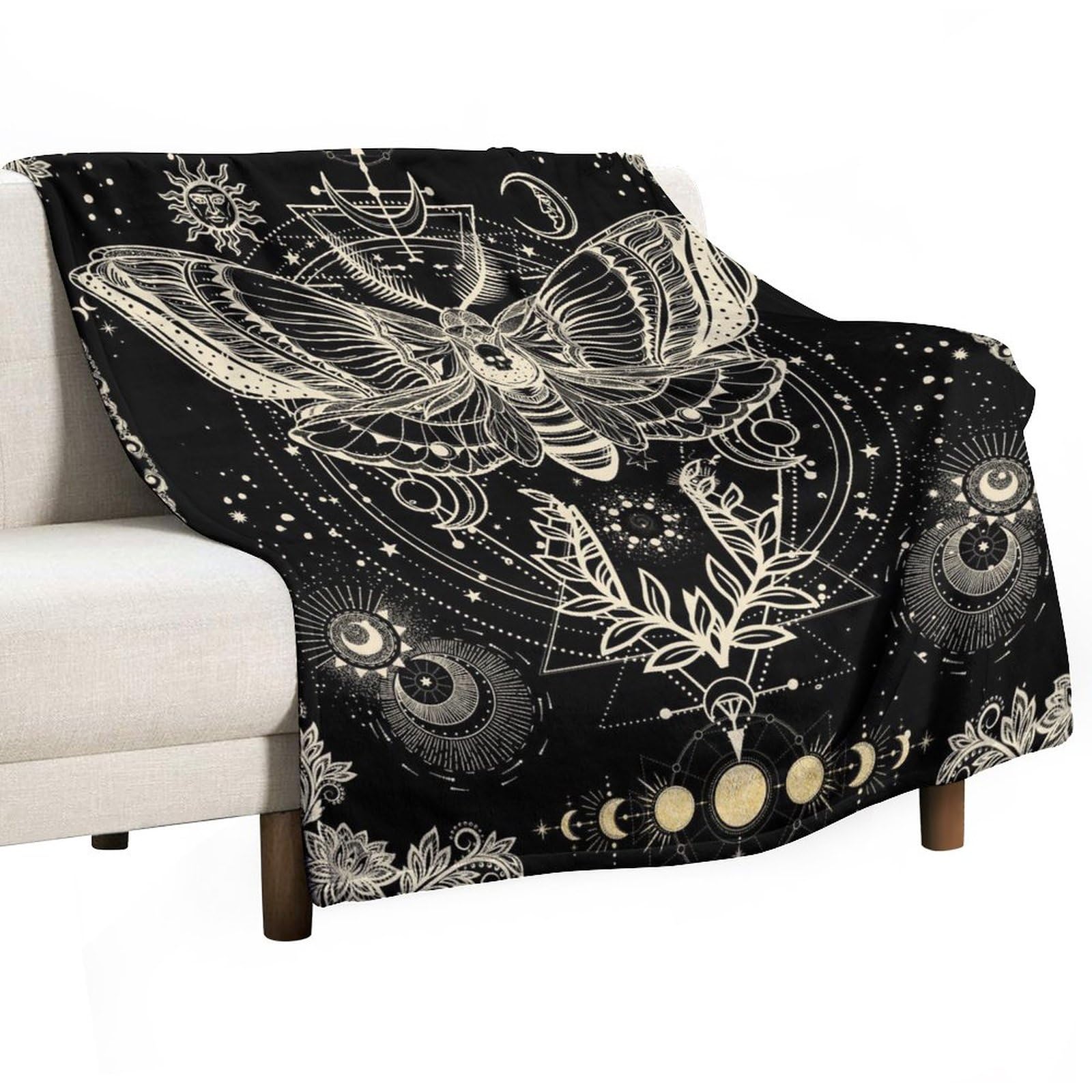 Abstract Moth Florals Flannel Blanket Abstract Gothic Magic Moon Stars Flower Aesthetic Throw Blanket for Kids Girls Teens Bedroom Decor Abstract Magic Florals for Bed Sofa Couch Travel Gift W40"xL50"