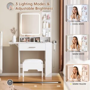 Fameill Vanity Desk with Mirror and Lights, Small Makeup Vanity with Drawer & Lots Storage Shelves, White Vanity Table with Charging Station & Time Display, Vanity Set with Chair, for Bedroom