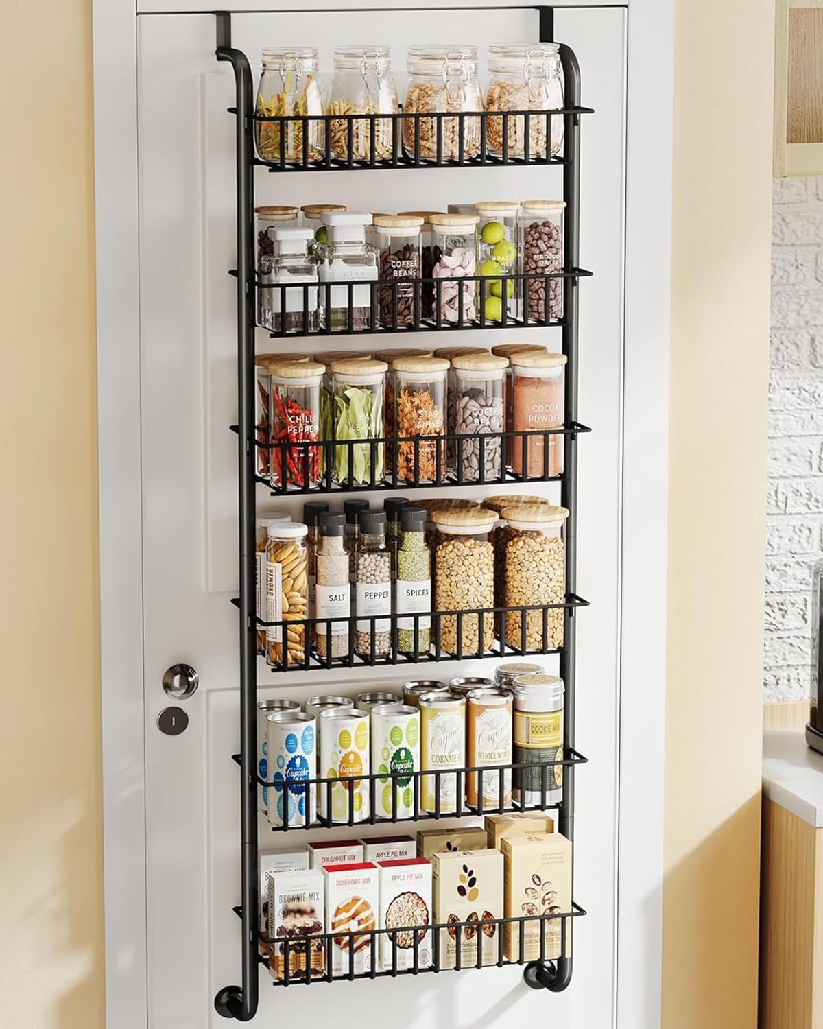 Over the Door Pantry Organizer - 6 Tier Pantry Door Spice Rack Organizer, Metal Over Door Organization Pantry Organizer and Storage Kitchen